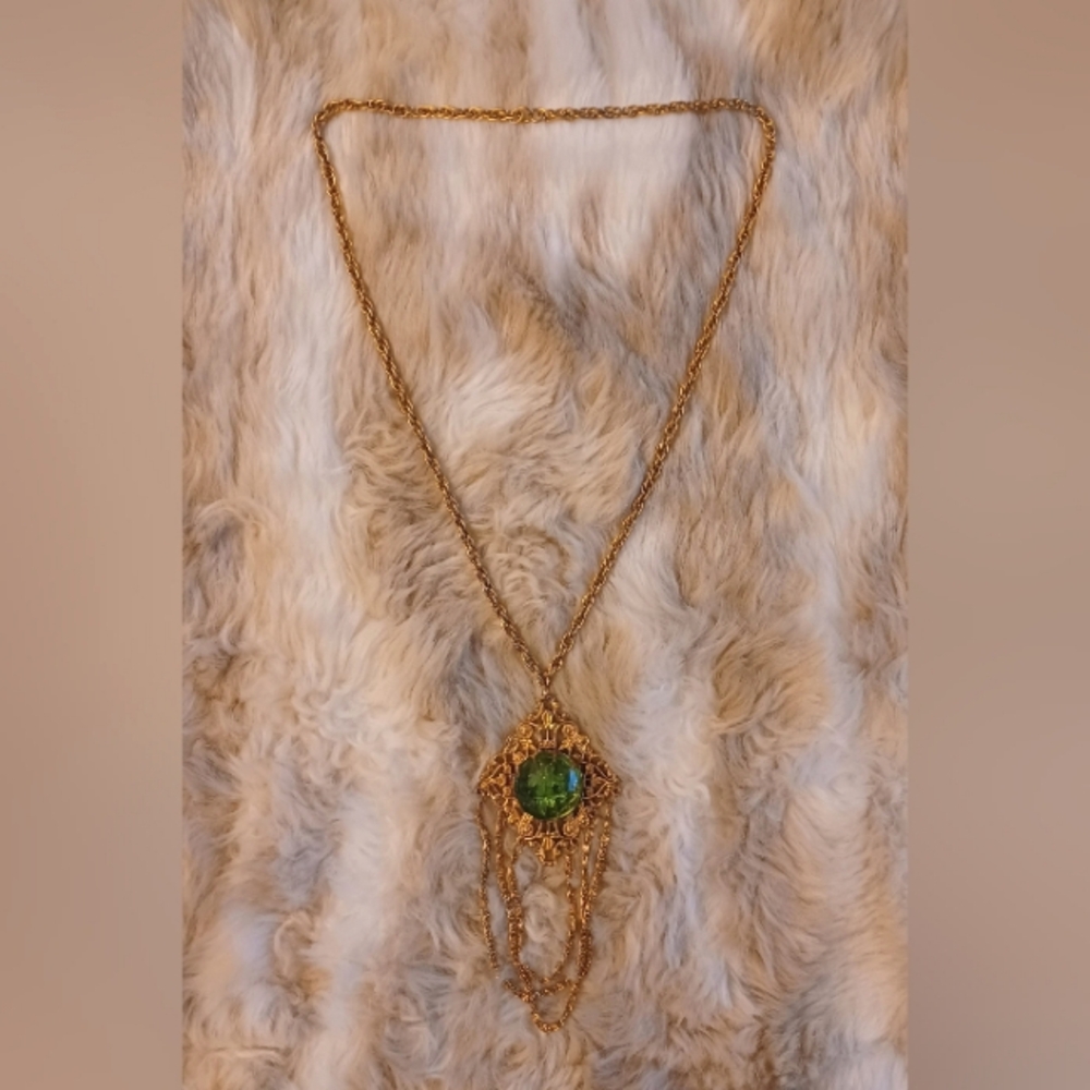 Vtg 1960s Gypsy Green Gem Statement Necklace